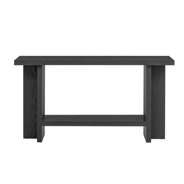 English Elm U_Style 60'' Minimalist Console Table With Ash Veneer, T-Shaped Legs & Spacious Display Shelves N711P241289B-GIGA