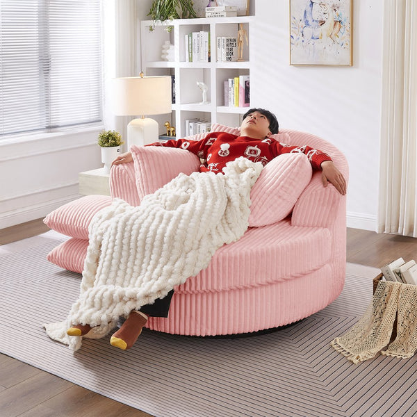 English Elm 360° Swivel Round Corduroy Lounge Chair Oversized Sculptural Seat for Living Room Pink W3705S00040