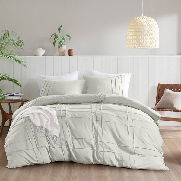 JLA Home Comfort Spaces - Soft Washed Pleated Duvet Cover Set delivers cloud-like comfort, OEKO-TEX safety, breathable microfiber, tailored grid pleat elegance Silver AM12-0428