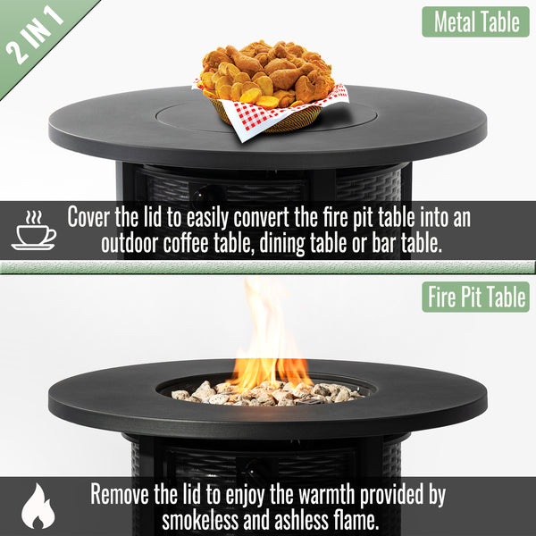 English Elm 32" 32inch Propane Fire Pit Table 50,000 BTU Steel Outdoor Patio Wicker Look with Rocks Lid Included W853P193941
