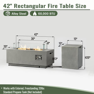 English Elm 42" 50000BTU Propane Fire Pit Table with Glass Wind Guard, Stainless Steel Burner, Lava Rocks, Gray Outdoor Patio W853P270562