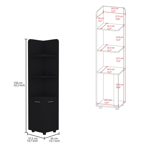 English Elm Malibu 62" Tall Corner Linen Cabinet Black Particle Board with Double Doors, 4 Shelves, Modern Legs B070P210744