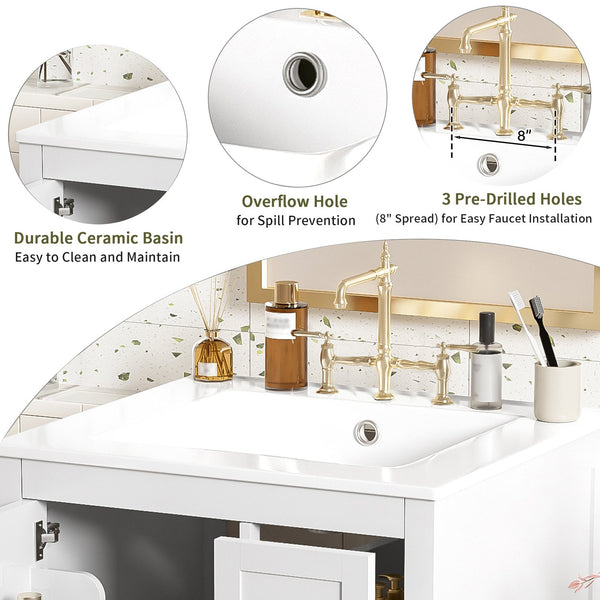 English Elm Modern 24 Inch Bathroom Vanity Solid Wood Cabinet with Ceramic Sink and Soft Close Storage White N729P292859K
