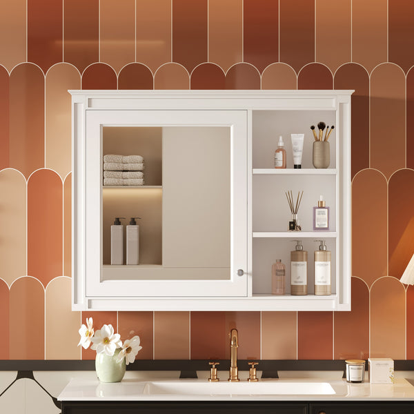 English Elm 36'' Modern Medicine Cabinet Wall Mounted Mirror with Adjustable Shelf, MDF Durable Storage, White N710P322791K