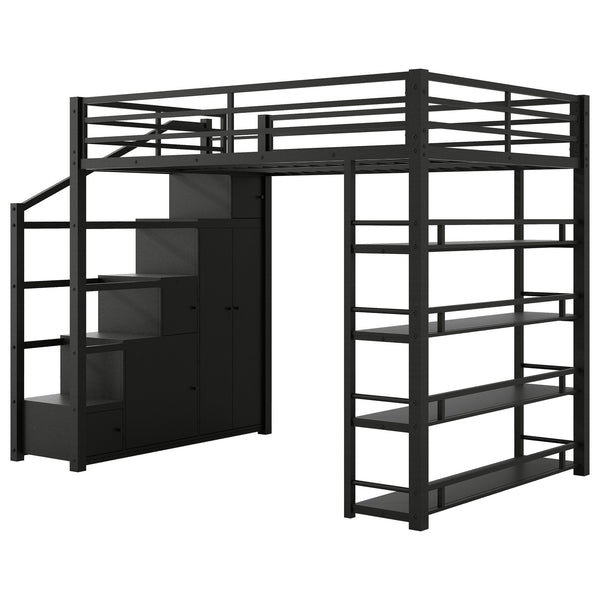 English Elm Queen Metal Loft Bed with Wardrobe Shelves and Staircase Storage in Matte Black N7090004203B