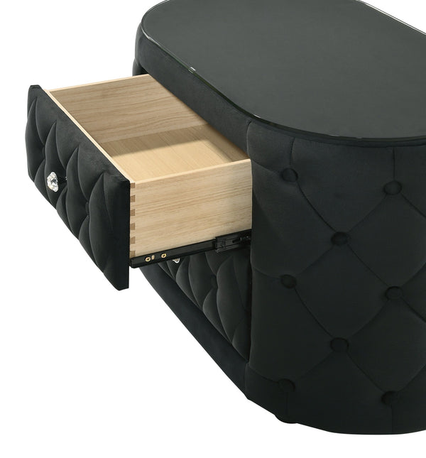 English Elm Luxurious King Size Bed Set With Tufted Black Velvet, Tv Lift, Electric Fireplace & Nightstands B2741S00121