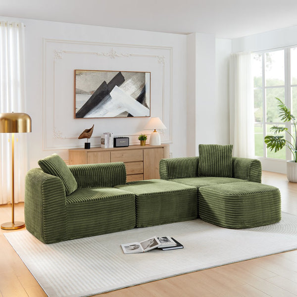 English Elm 114" Cloud Sectional Couch with L-Shape Chaise Modular Corduroy Sofa with Movable Ottoman, No Assembly Required, Plush Comfort for Living Spaces Green W1117P371655