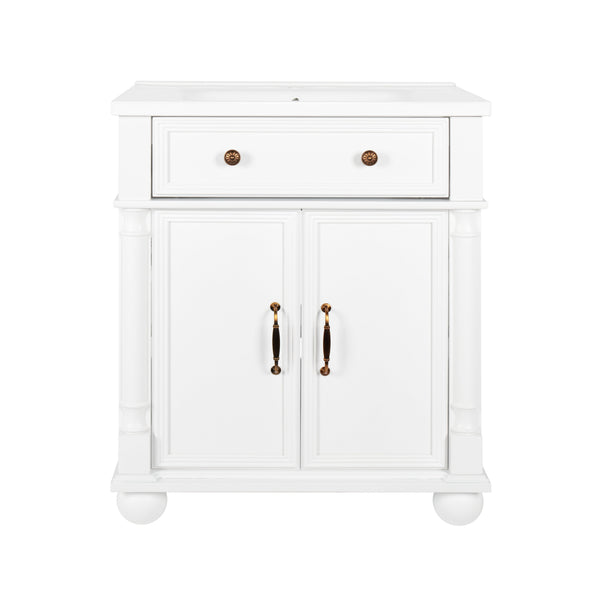 English Elm 27.8" Mid-century Freestanding Bathroom Vanity with Ceramic Sink Drawer and Wood Base White W1801S00006