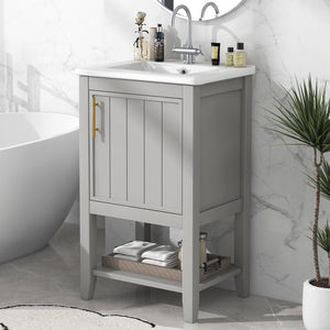 English Elm 20" Matte Freestanding Bathroom Vanity Rubberwood Cabinet Ceramic Sink Open Shelf Grey N725P391115E