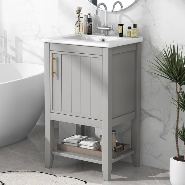 English Elm 20" Matte Freestanding Bathroom Vanity Rubberwood Cabinet Ceramic Sink Open Shelf Grey N725P391115E