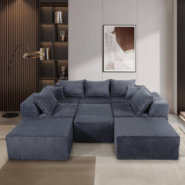 English Elm 8-Piece Modular U-Shaped Sectional Sofa with Oversized Chaise and Bed, Corduroy Luxury, No Assembly Needed Grey W3163S00041