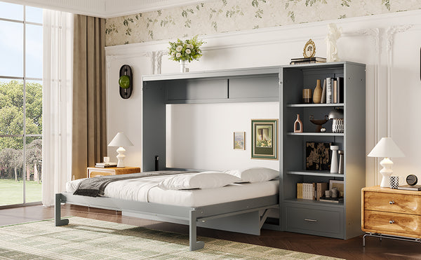 English Elm Queen Murphy Bed with Built-In Shelves, Height-Adjustable Storage & Drawer for Small Spaces Gray 71.6 L x 21.5 W x 6.1 H N733S309223E