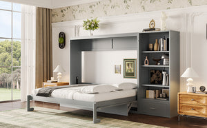English Elm Queen Murphy Wall Bed with Folding Platform Side Cabinet Drawer and Adjustable Shelves Gray N733S407545E