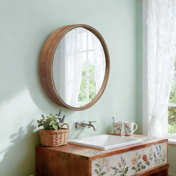 English Elm Round Rattan Textured Wall Mirror Natural Woven Frame Bohemian Accent for Any Room W2295P414103