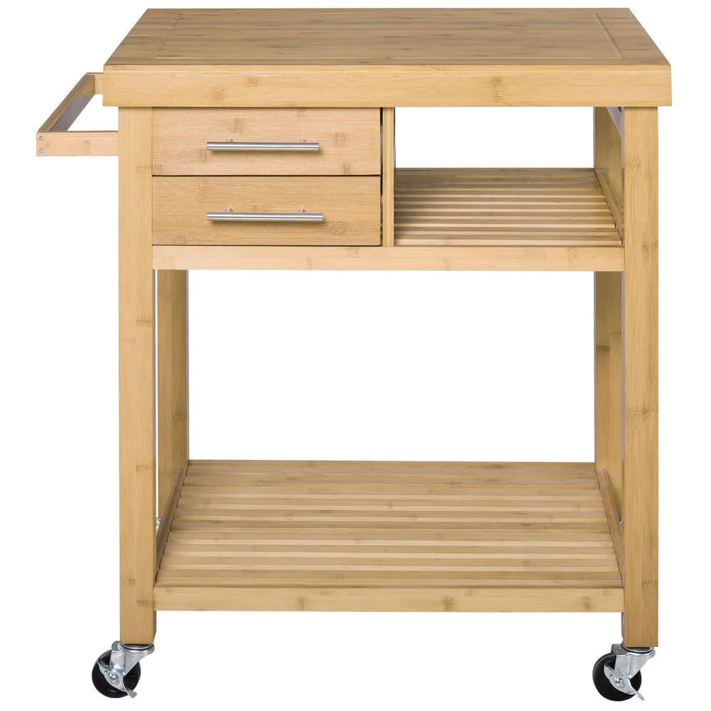 English Elm HOMCOM Bamboo Kitchen Island Cart with Locking Casters, 2 Drawers, Open Shelves & Side Towel Rack, Natural Finish W2225P217396