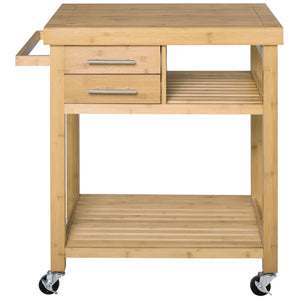 English Elm HOMCOM Bamboo Kitchen Island Cart with Locking Casters, 2 Drawers, Open Shelves & Side Towel Rack, Natural Finish W2225P217396