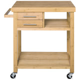 English Elm Homcom Bamboo Kitchen Island Cart On Wheels, Utility Trolley Cart With 2 Storage Drawers and Open Shelves, Bamboo Tone