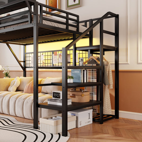 English Elm Full Size Metal Loft Bed with Wardrobe Stairs Rgb Lighting Industrial Frame W2580S00051