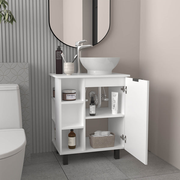 English Elm Allegra Modern Vessel Sink Vanity Wall-Mount with Single Door, Open Shelf Storage, White Finish B200P335304