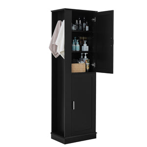 English Elm Tall Bathroom Storage Cabinet - Freestanding With Adjustable Shelves, Hooks & Modern Black Design N725P241834B-GIGA