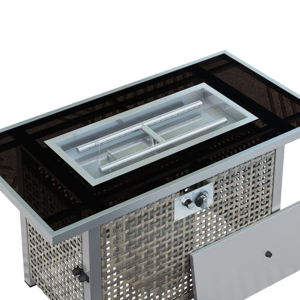 English Elm K&K 43" Propane Gas Fire Pit Table 60000 BTU Open Weave Wicker with Glass Wind Guard & Blue Stones Grey N707P210158G