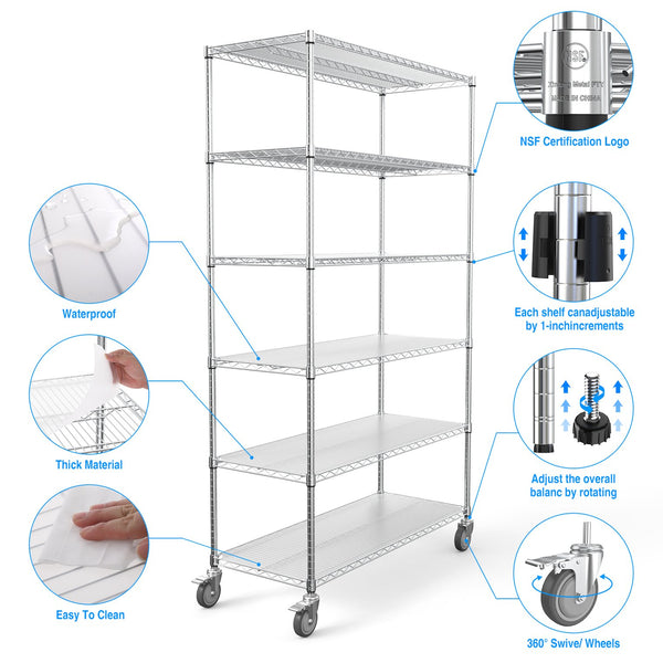 English Elm 6 Tier Wire Shelving Unit - Heavy-Duty 6000 Lbs Capacity, Adjustable Metal Racks With Wheels & Liners W1550119261