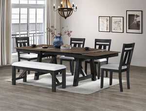 English Elm 6pc Cottage Solid Wood Extendable Dining Set with Upholstered Chairs Bench Trestle Base B011S01671