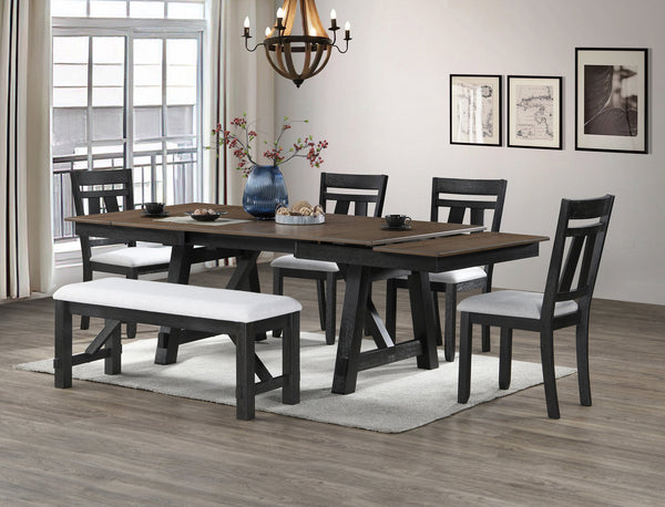 English Elm 6pc Cottage Solid Wood Extendable Dining Set with Upholstered Chairs Bench Trestle Base B011S01671