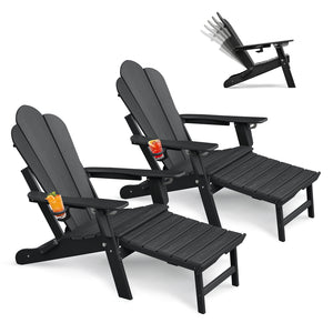 English Elm Folding Outdoor Hdpe Adirondack Chair with Retractable Ottoman for Deck or Patio Black W1889P450821
