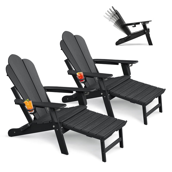 English Elm Folding Outdoor Hdpe Adirondack Chair with Retractable Ottoman for Deck or Patio Black W1889P450821