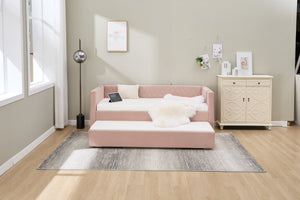English Elm Pink velvet daybed with diamond-grid pull-out trundle, modern velvet MDF frame, twin size elegance and extra sleep space W1361S00030