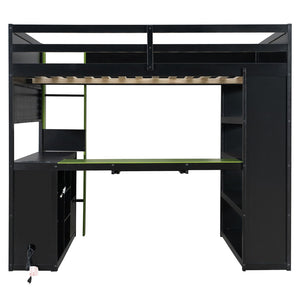 English Elm Full Size Gaming Loft Bed with Desk Rgb Lighting Power Outlet and Storage Drawer Green LT000285AAF