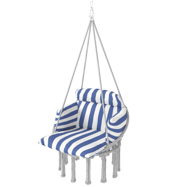 English Elm Hanging Hammock Swing Chair Boho Fringe Cushioned Seat for Patio or Indoor Use T3971P445964