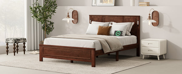 English Elm Queen Pinewood Platform Bed Farmhouse Tall Panel Headboard with Led Lighting and Usb Ports Walnut W504P391092
