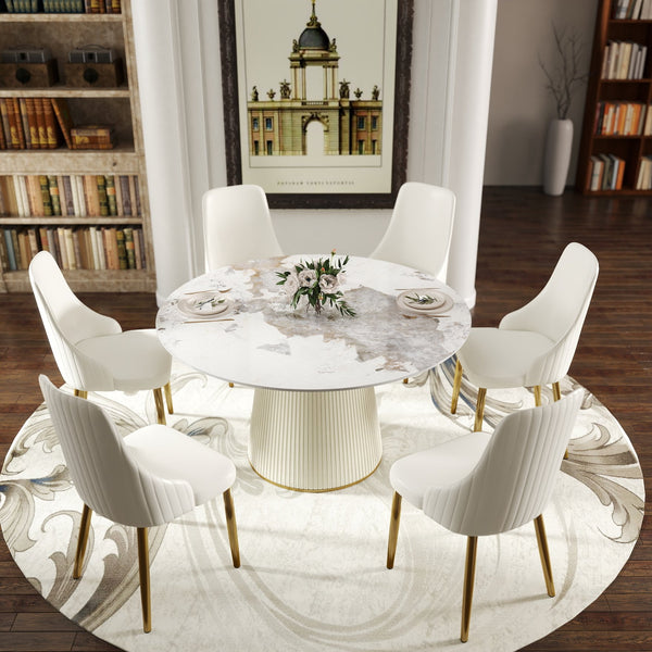 English Elm 53.15 "Modern Round Beige Dining Table With Sturdy Pu Base - Seats 6, Scratch-Resistant Design!" W1535S00449