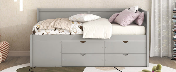English Elm Twin Daybed with Two Pull Out Drawers and Open Shelves for Small Bedroom Storage Gray LP102022AAE