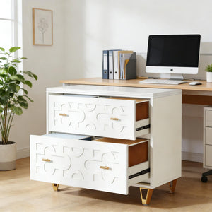 English Elm Multi-functional Nordic Filing Cabinet White Two Drawer Gold Handle Home Office Storage T3971P449298