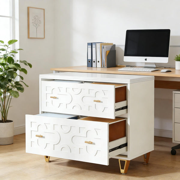 English Elm Multi-functional Nordic Filing Cabinet White Two Drawer Gold Handle Home Office Storage T3971P449298