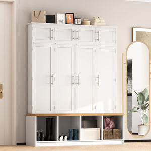 English Elm Wood Entryway Hall Tree with Bench Seating Coat Hooks Shoe Cubbies Cabinet White W5271S00004