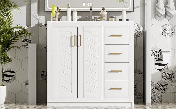 English Elm 36'' Bathroom Vanity with Ceramic Sink Combo Solid Wood Frame Soft-Closing Drawers Ample Storage Elegance White N710P243327K