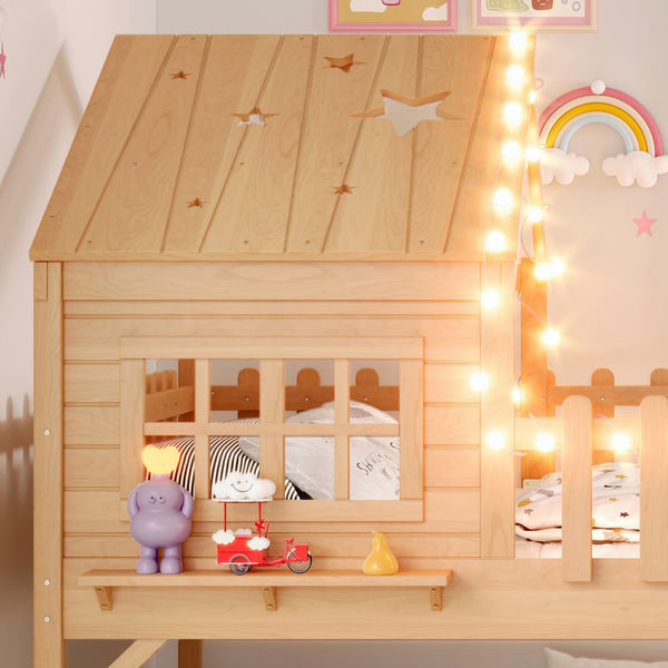 English Elm Twin Playhouse Loft Bed Solid Pine Frame with Slide Led Lights and Star Roof Natural W5316S00005
