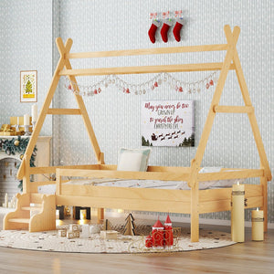 English Elm Twin House Shaped Platform Bed Solid Pine Frame with Built in Stairs for Kids W1580P354719
