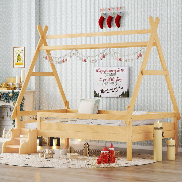 English Elm Twin House Shaped Platform Bed Solid Pine Frame with Built in Stairs for Kids W1580P354719