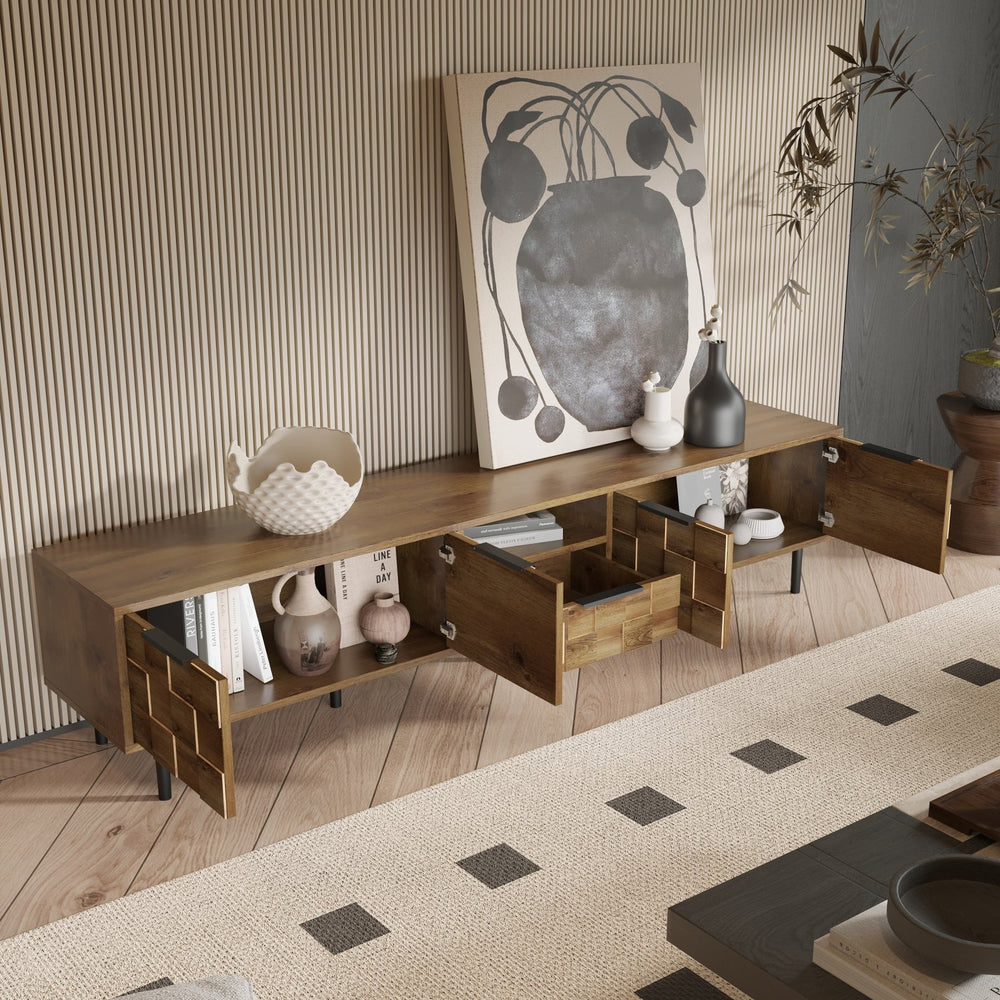 English Elm 78" TV Stand Checkered Natural Wood Finish with Soft-Close Doors, Deep Drawer & Open Shelf Storage N710P293272P