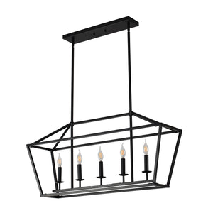 English Elm 5-light Industrial Farmhouse Chandelier Matte Black Metal Linear Pendant for Kitchen Island W5008P465021