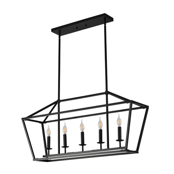 English Elm 5-light Industrial Farmhouse Chandelier Matte Black Metal Linear Pendant for Kitchen Island W5008P465021