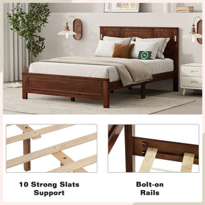 English Elm Queen Pinewood Platform Bed Farmhouse Tall Panel Headboard with Led Lighting and Usb Ports Walnut W504P391092