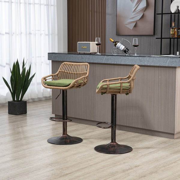 English Elm Modern Swivel Bar Stools Set of 2 Adjustable Counter Height Chairs with Linen Seat Vintage Gold Frame Green W39594822