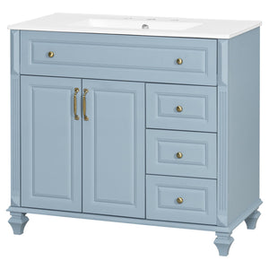English Elm 36" Bathroom Vanity - Modern Blue Grey Solid Wood Cabinet With Elegant Gold Handles & Ample Storage N725P356069E