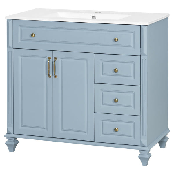 English Elm 36" Bathroom Vanity - Modern Blue Grey Solid Wood Cabinet With Elegant Gold Handles & Ample Storage N725P356069E
